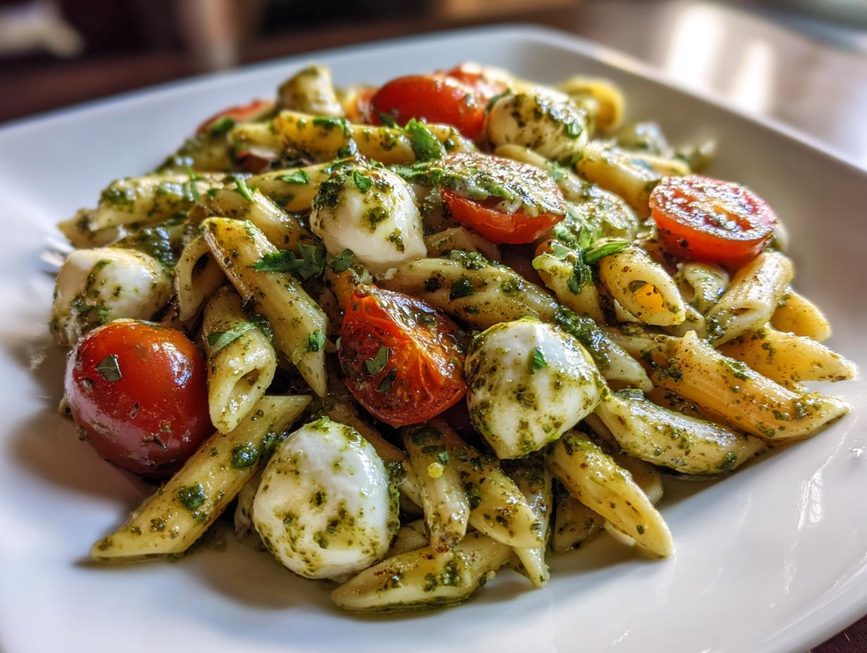 Unforgettable Light and Creamy Pesto Caprese Pasta Salad Recipe