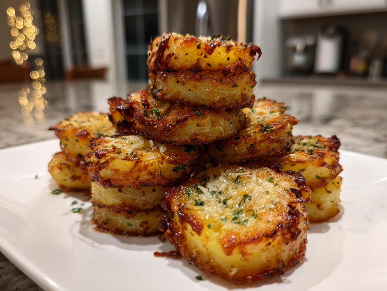 Crispy Roasted Garlic Parmesan Potato Stacks
