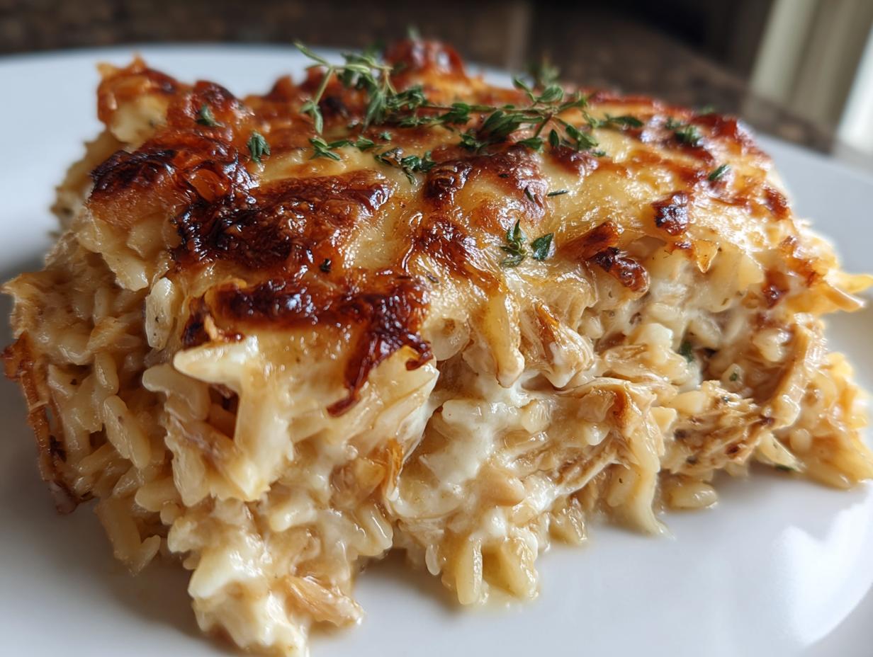French Onion Chicken Orzo Casserole
