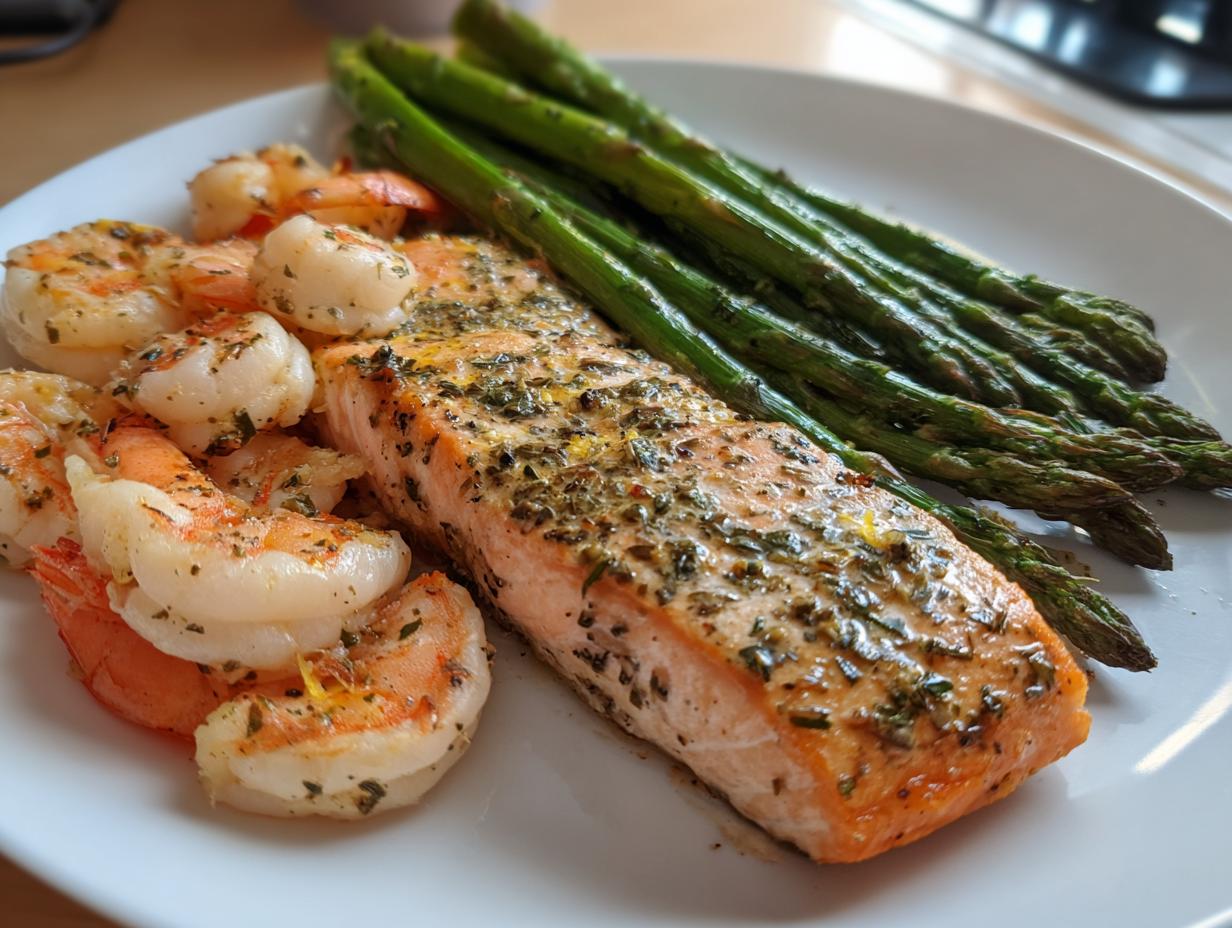 Baked Salmon and Shrimp with Asparagus
