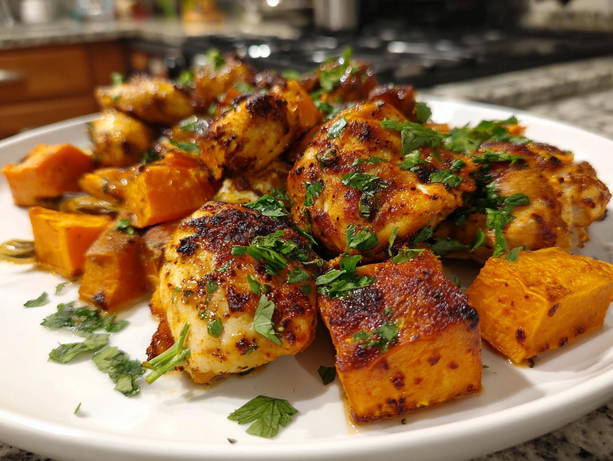 Sheet Pan Harissa Chicken with Sweet Potatoes