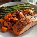 Baked Salmon with Roasted Asparagus and Sweet Potatoes