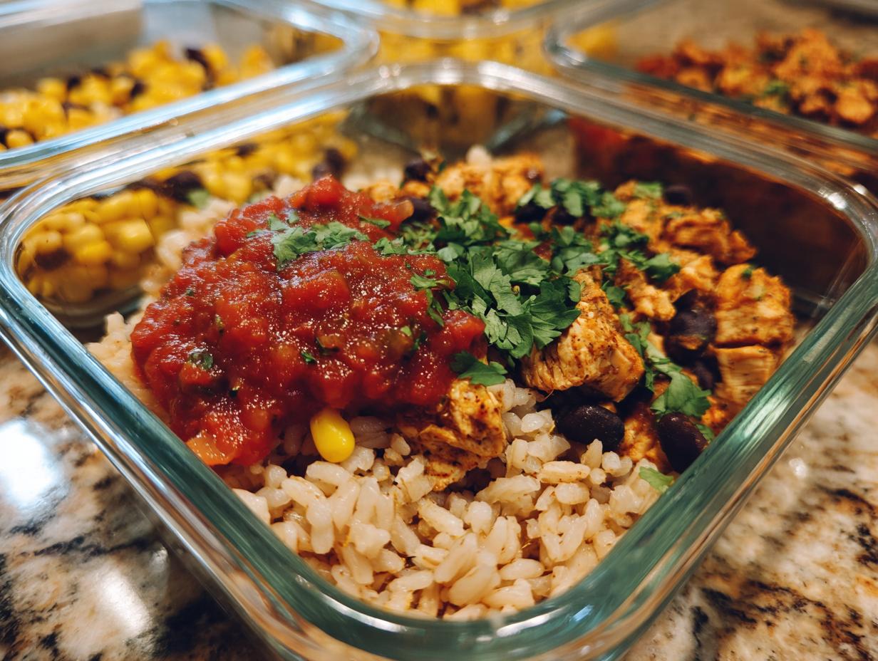 Meal prep chicken burrito bowls